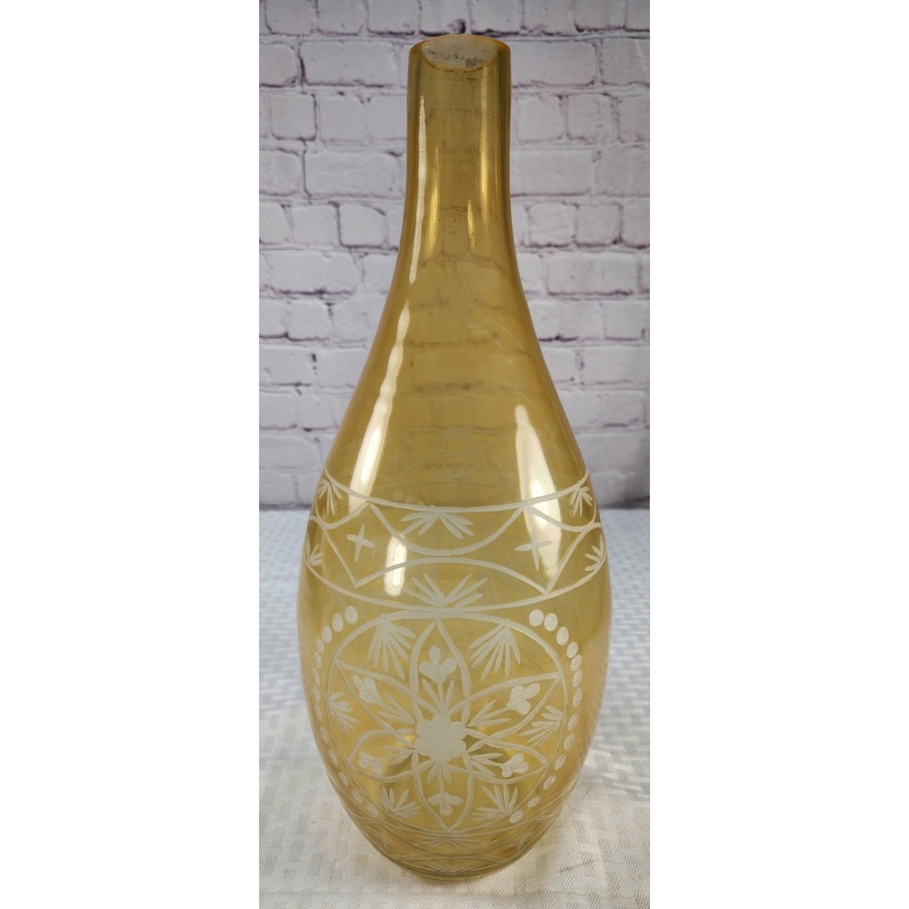Large Intricately Etched Glass Bottle Handmade Yellow Vase Art Decor 14.75"